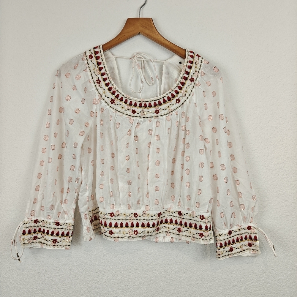 Anthropologie White Boho Blouse with Pink Dot Print and Burgundy Embroidery